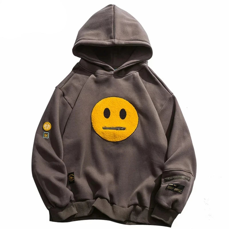 Men Hip Hop Hoodie Streetwear Sweatshirt Zipper Pocket Patches Hoodie 2023 Harajuku Cotton Fleece Hooded Pullover Grey White