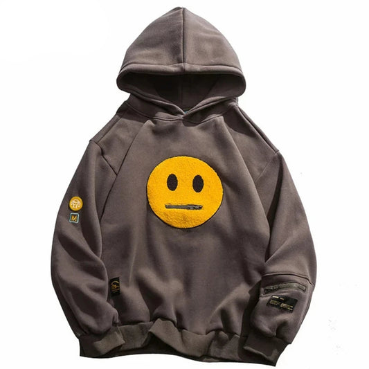 Men Hip Hop Hoodie Streetwear Sweatshirt Zipper Pocket Patches Hoodie 2023 Harajuku Cotton Fleece Hooded Pullover Grey White