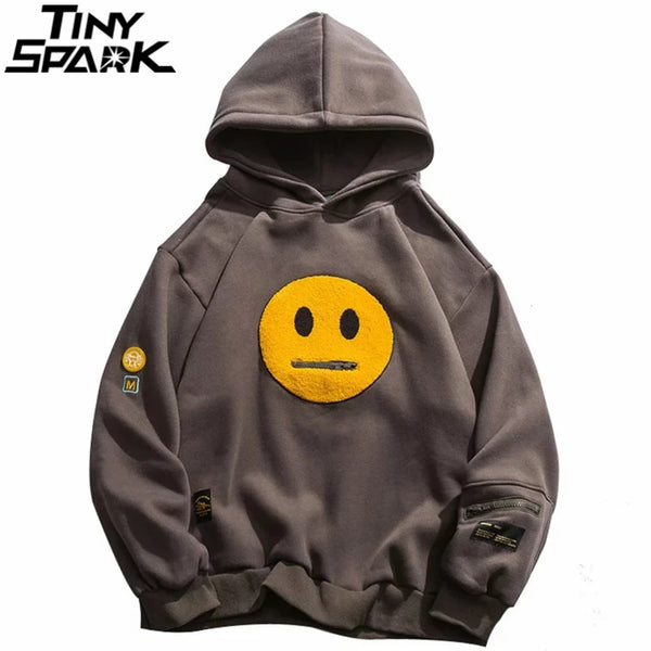 Men Hip Hop Hoodie Streetwear Sweatshirt Zipper Pocket Patches Hoodie 2023 Harajuku Cotton Fleece Hooded Pullover Grey White