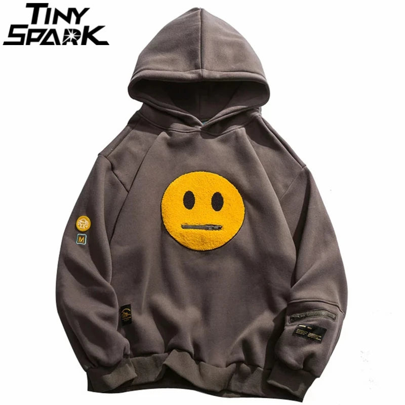 Men Hip Hop Hoodie Streetwear Sweatshirt Zipper Pocket Patches Hoodie 2023 Harajuku Cotton Fleece Hooded Pullover Grey White