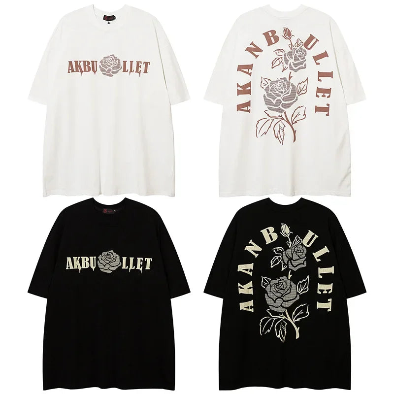 Harajuku Crying character – Floral Rose Graphic Printed Short Sleeve T Shirt For Men Hip