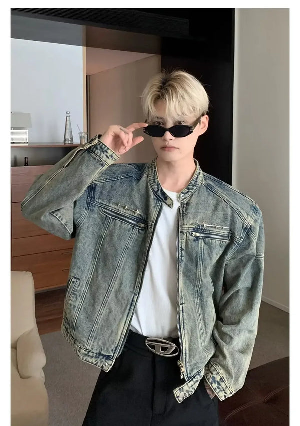 Mens Denim Jackets American Style High Street Zippers Coat Vintage Was