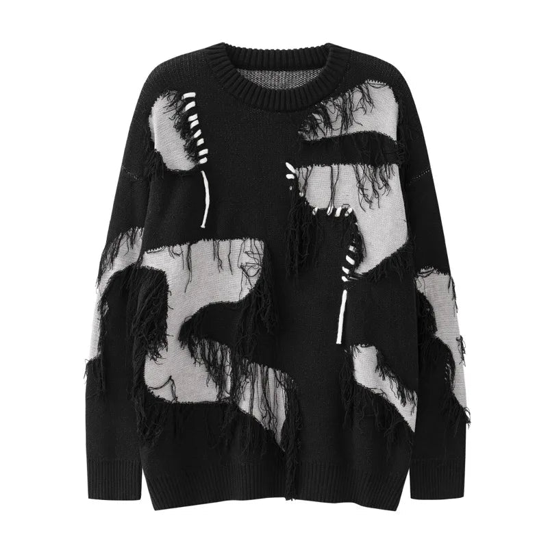 mens knitted sweater fashion tassel irregular block pullovers casual o neck unisex harajuku y2k streetwear loose knit jumpers - vintage look oversized hoodie, soft fleece-lined outerwear, unisex casual winter pullover