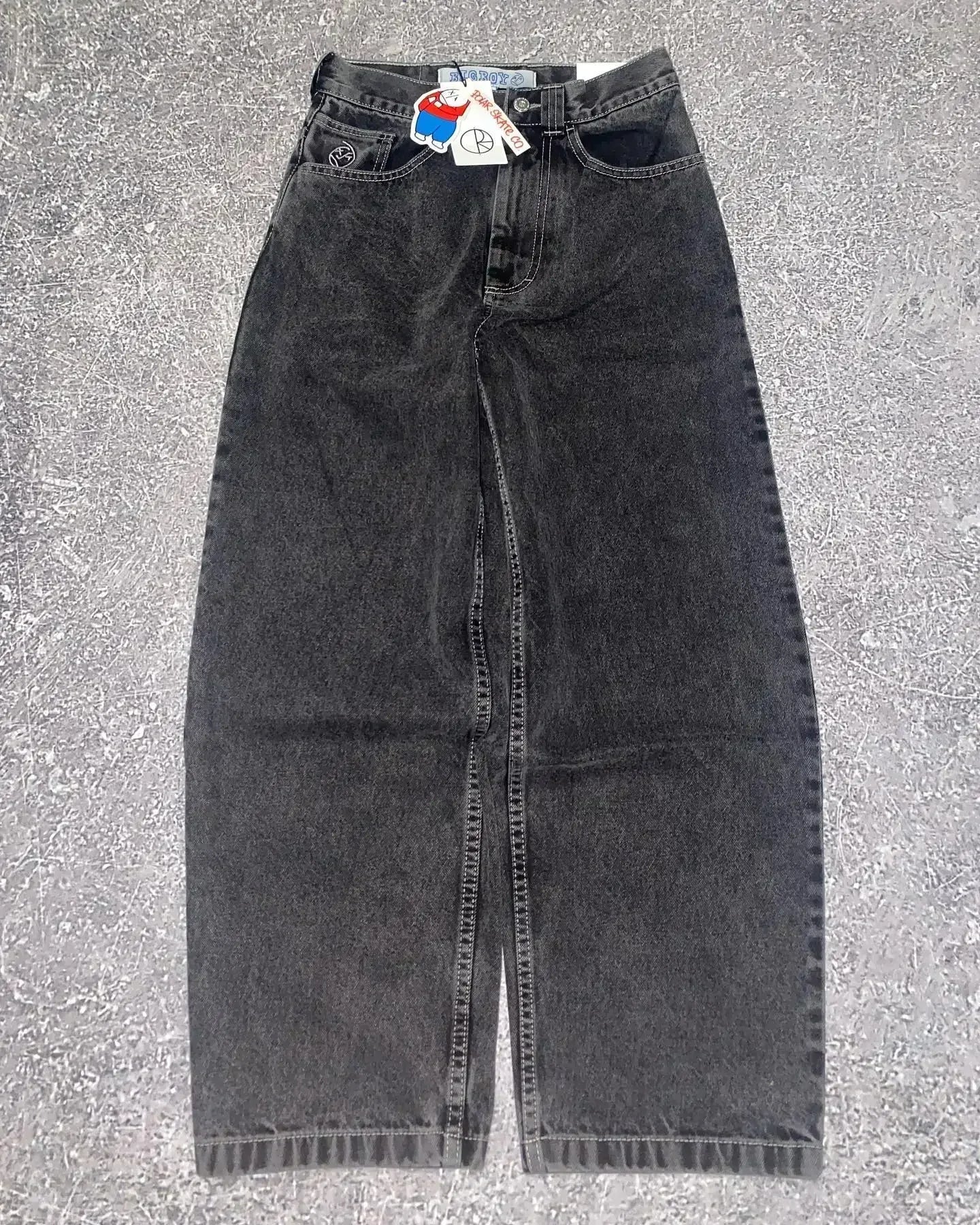 y2k cartoon embroidery retro blue baggy jeans hip hop gothic streetwear polar big boy jeans mens womens fashion wide leg trouser unique jeans style 6038