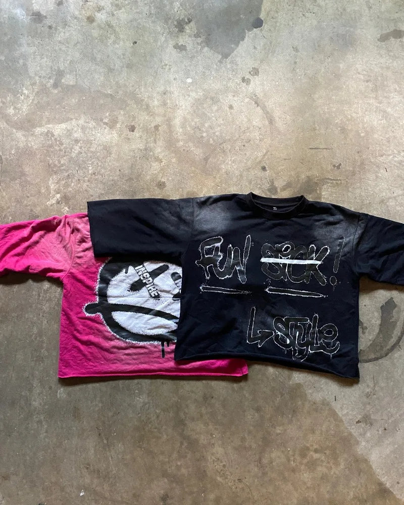 2024 American new Y2k top High street Harajuku style letter print short sleeve men retro trend brand style cut oversized shirt