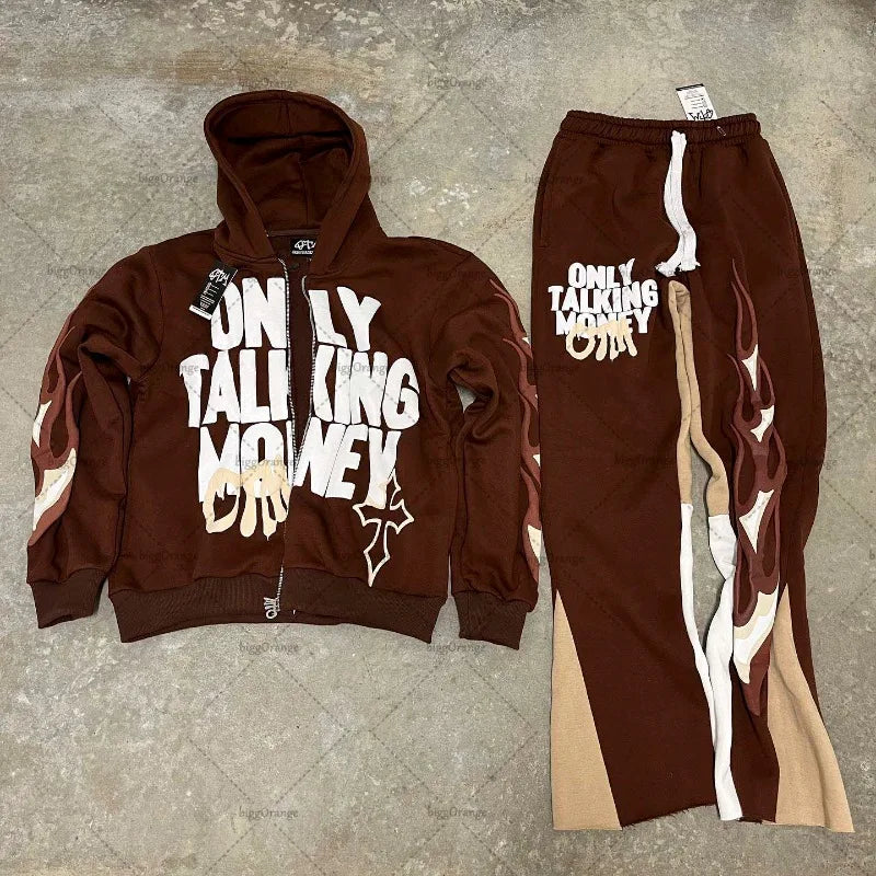 American Fashion Gothic Flame Letter Print Oversized Hoodie Mens Y2K S