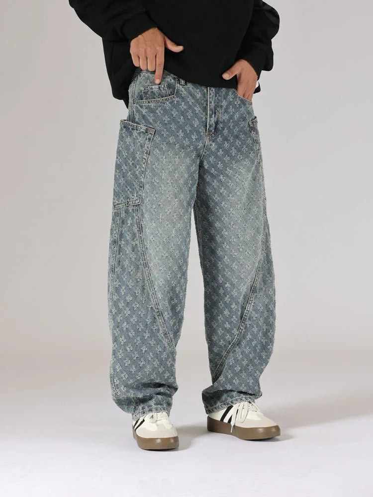 men brand fashion loose casual splice pocket jacquard vintage wide leg baggy jeans cityboy denim baggy jeans pants trousers unique jeans style 2964
