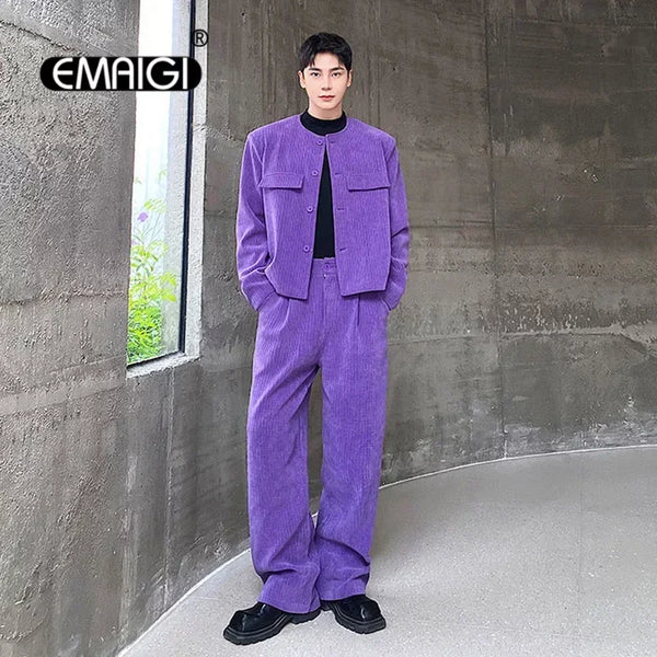 men 2 pieces sets corduroy short jacket wide leg pant suits korean streetwear fashion loose casual retro coat baggy trousers drawstring street shorts