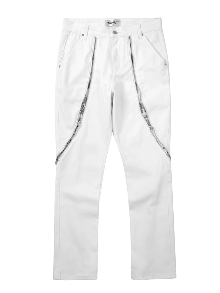 high street black white straight zipper becomes slightly flared denim jeans harajuku casual hip hop cashew flower jeans for men unique jeans style 4400