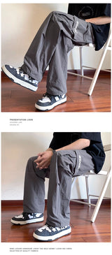 american retro straight leg cargo pants mens baggy casual outdoor gym trousers autumn thin tactical quick dry pantalones hombre unique cargo style 3428