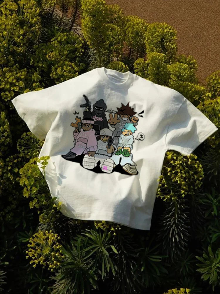 urban manga tee with stylized glitch type and flame blocks