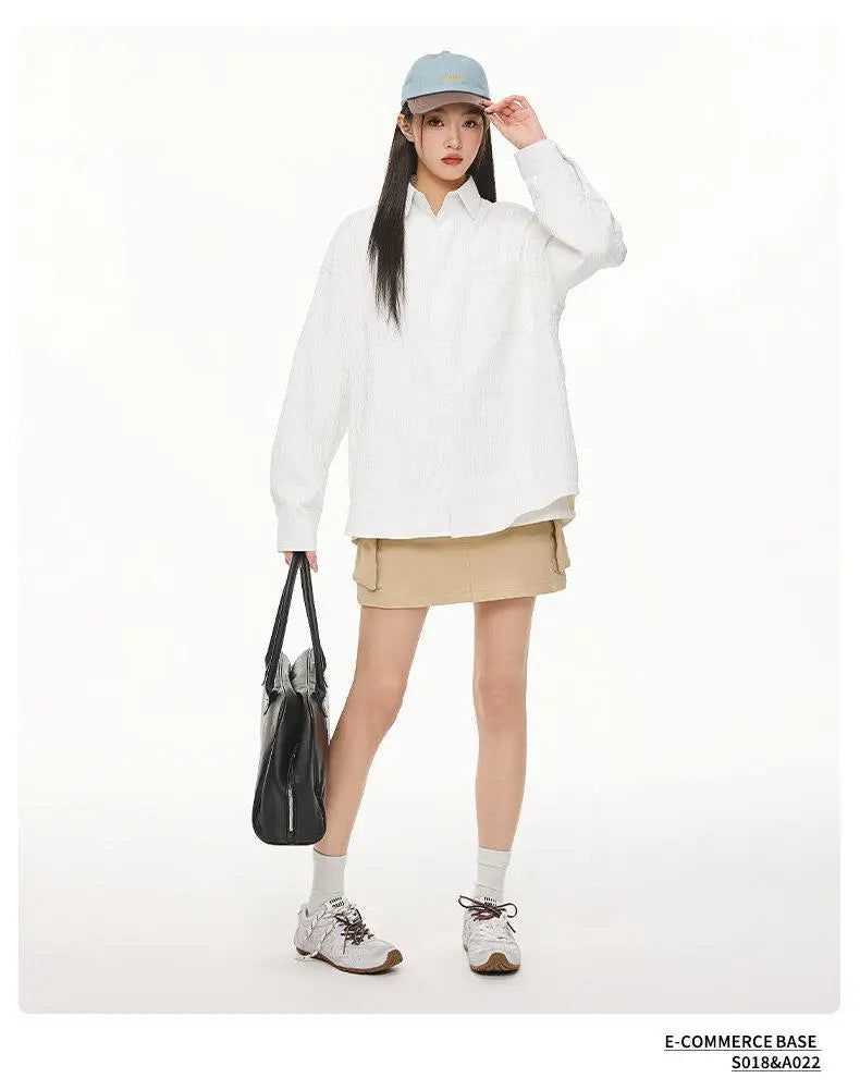 Wrinkled Fabric Casual Long Sleeve Shirt Men and Women Solid Color Streetwear Fashion Loose Black White Shirts Oversize Blouses