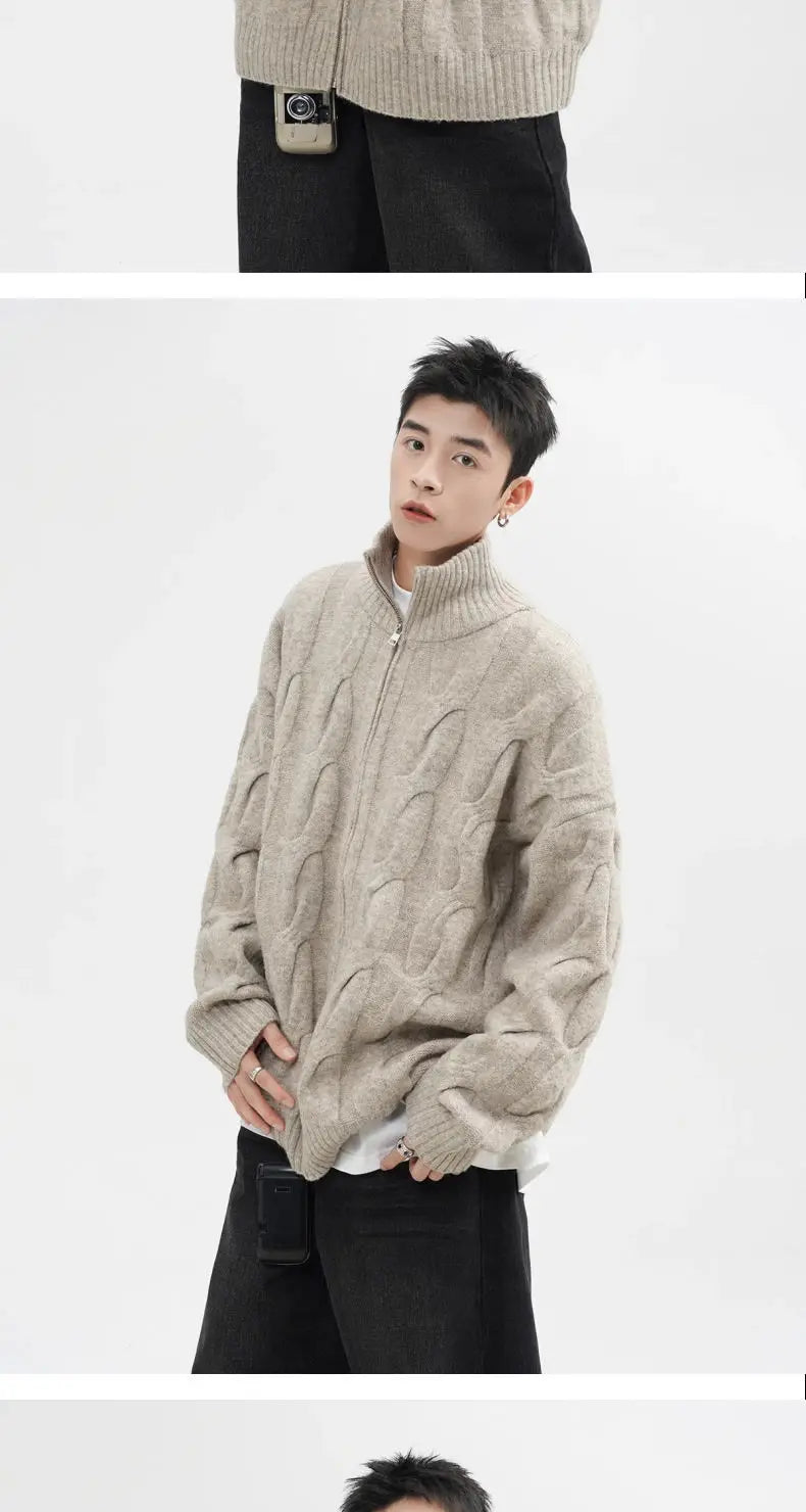 Autumn and Winter American New Style Men and Women Trendy Personalized Stand up Collar Knitted Shirt Couple Loose Retro Simple