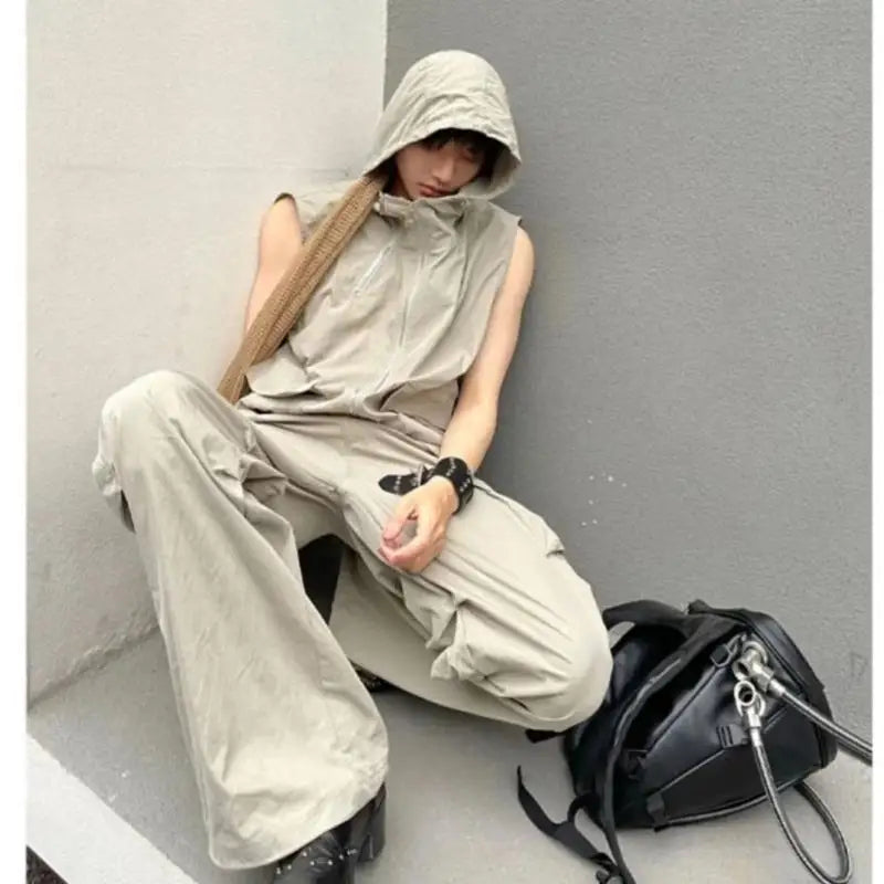 summer sleeveless set men women multi pocket hooded vest jogging cargo pant spring loose casual zipper two piece suit street combat utility trousers