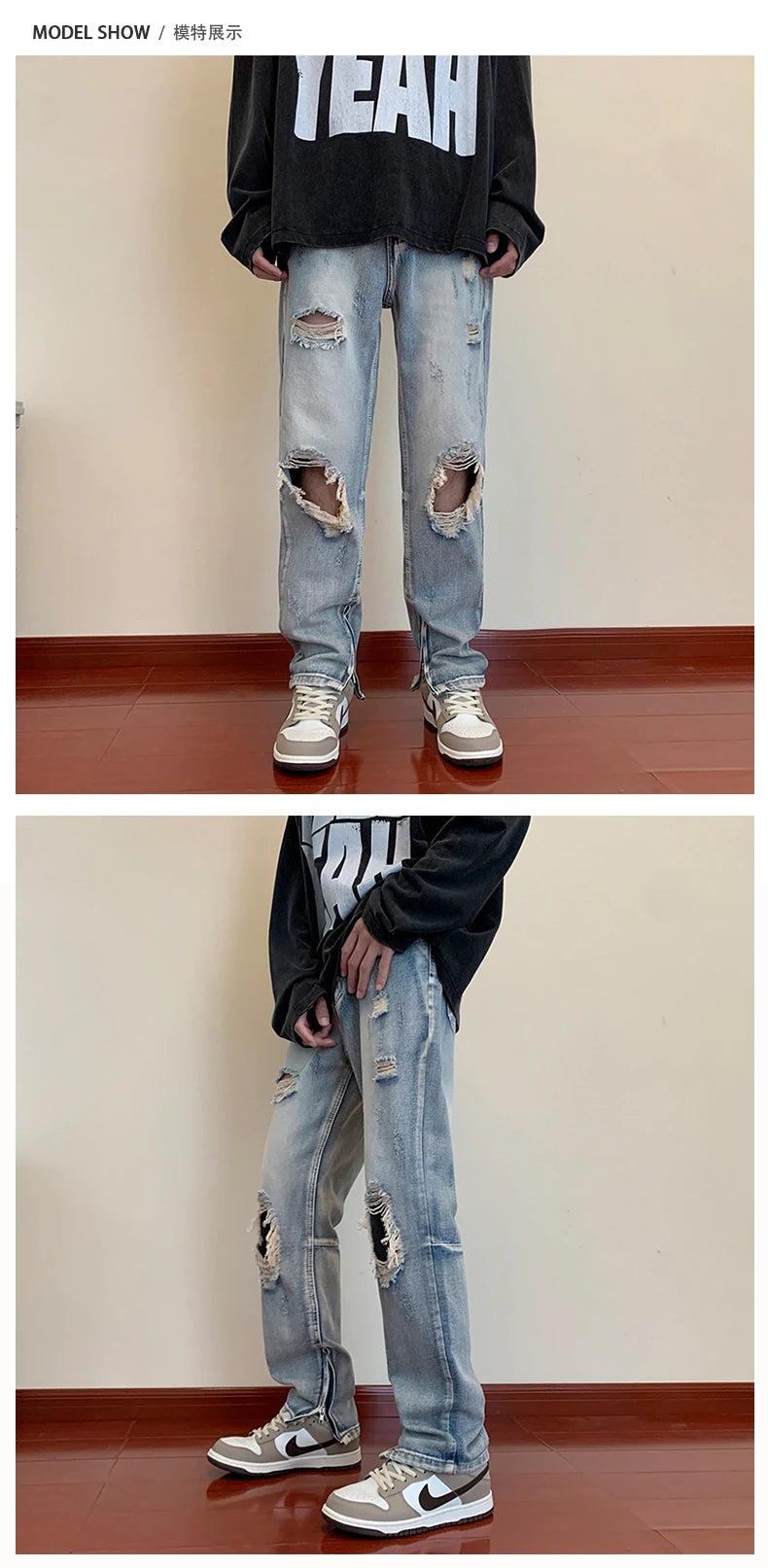 bottom zipper destroyed washed jeans skinny jeans ripped holes trousers men biker jeans fashion streetwear hip hop pants joggers unique joggers style 3015