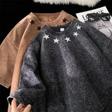 Harajuku Oversized shirt – Men Black Washed T Shirt O Neck Star Patterned Heavyweight S