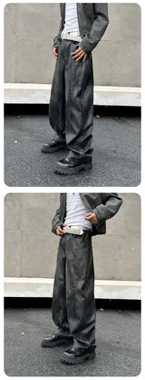 men brand fashion splice pocket loose casual wide leg leather baggy pant cityboy streetwear cargo motorcycle pants trousers unique cargo style 2567