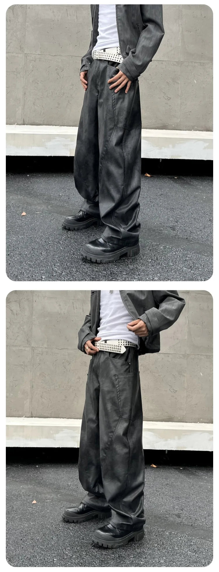 men brand fashion splice pocket loose casual wide leg leather baggy pant cityboy streetwear cargo motorcycle pants trousers unique cargo style 2567