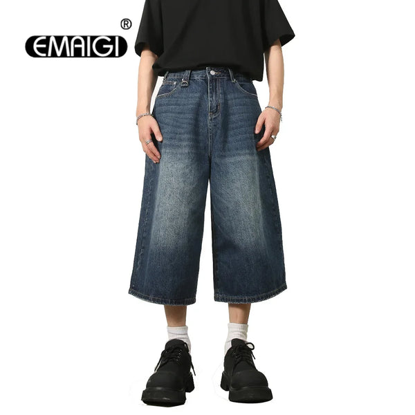 men summer streetwear fashion loose casual wide leg denim calf length jeans pants male vintage jeans baggy hosen pants urban skinny jeans