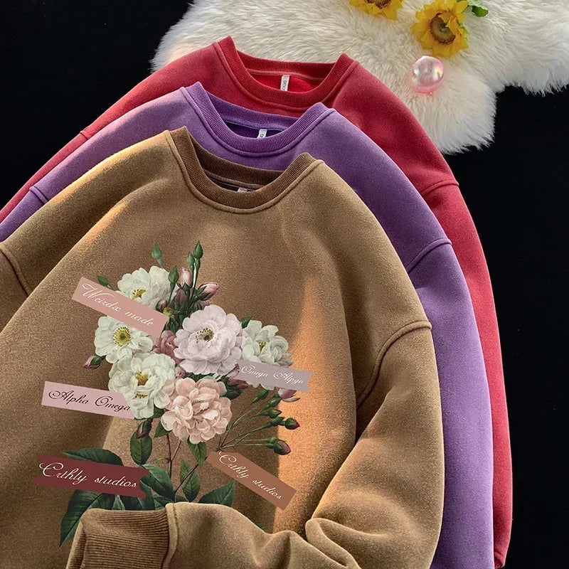 Vintage Floral Graphic Men Sweatshirt Spring Autumn Gothic Round Neck Pullover Hip Hop Streetwear Y2k Sweatshirts