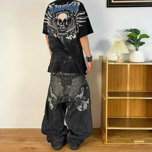 american fashion pattern embroidery loose women street y2k new hip hop punk oversized mopping wide leg pants couple casual jeans denim street jeans