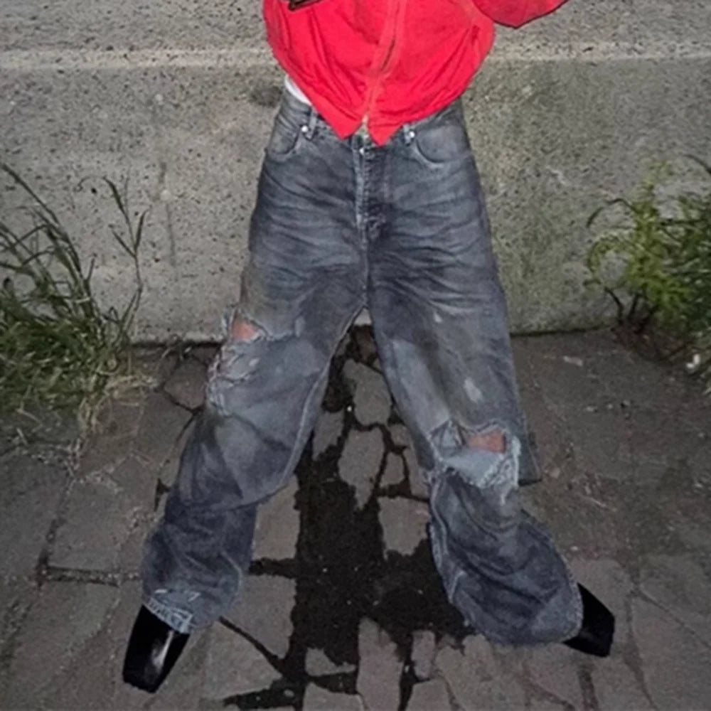 frayed damaged hole baggy wide leg jeans for men and women streetwear casual ropa hombre denim trousers oversized cargo pants unique cargo style 308