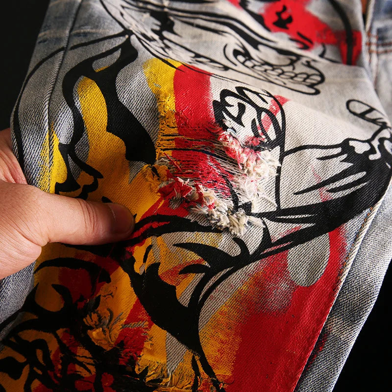 skull graffiti printed ripped denim jeans hip hop distressed biker jeans fashion streetwear slim pants joggers y2k men s jeans relaxed fit joggers