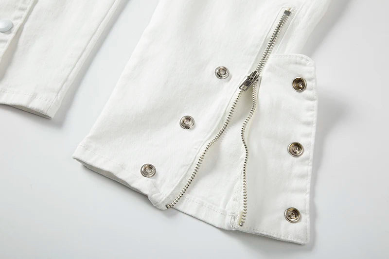 mens hole ripped white ankle zipper button jeans pants straight pockets solid color high street retro loose denim trousers unique jeans style 249