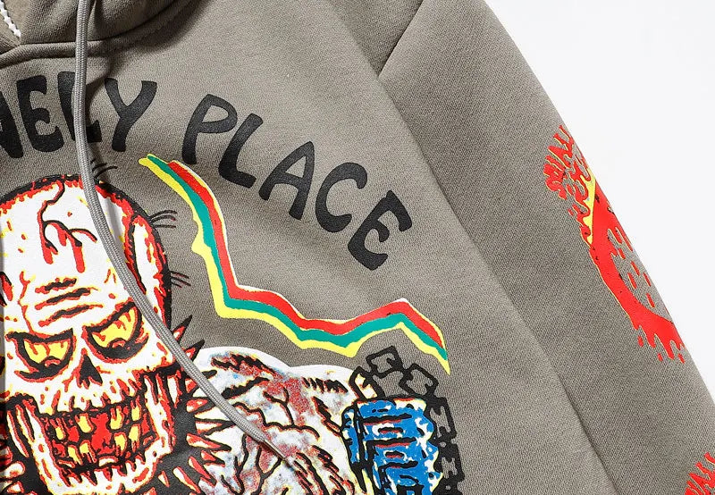 Punk Hoodie Men Streetwear Hip Hop Skull Skeleton Print Gothic Fleece