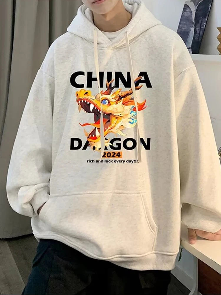 2024 New China Dragon Graphic Hoodies Men Hip Hop Streetwear Hoodie