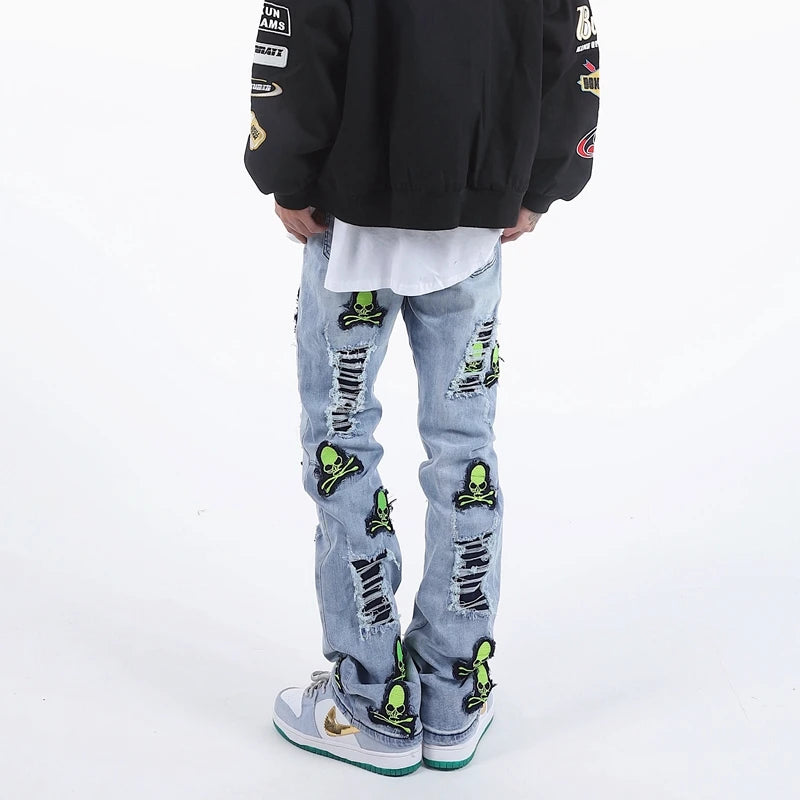 skull embroidery patchwork ripped denim jean pants fashion biker straight trousers streetwear hip hop joggers pant men clothing unique joggers style 2384