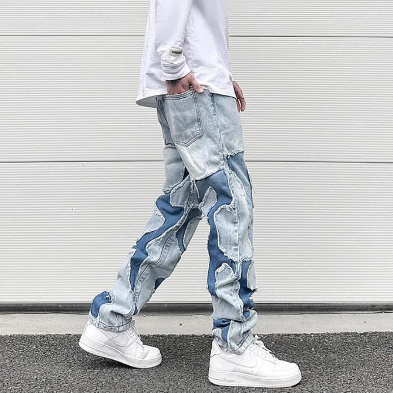 ripped irregular patchwork design denim jeans men casual zipper biker trousers jeans fashion streetwear hip hop pants joggers relaxed fit joggers