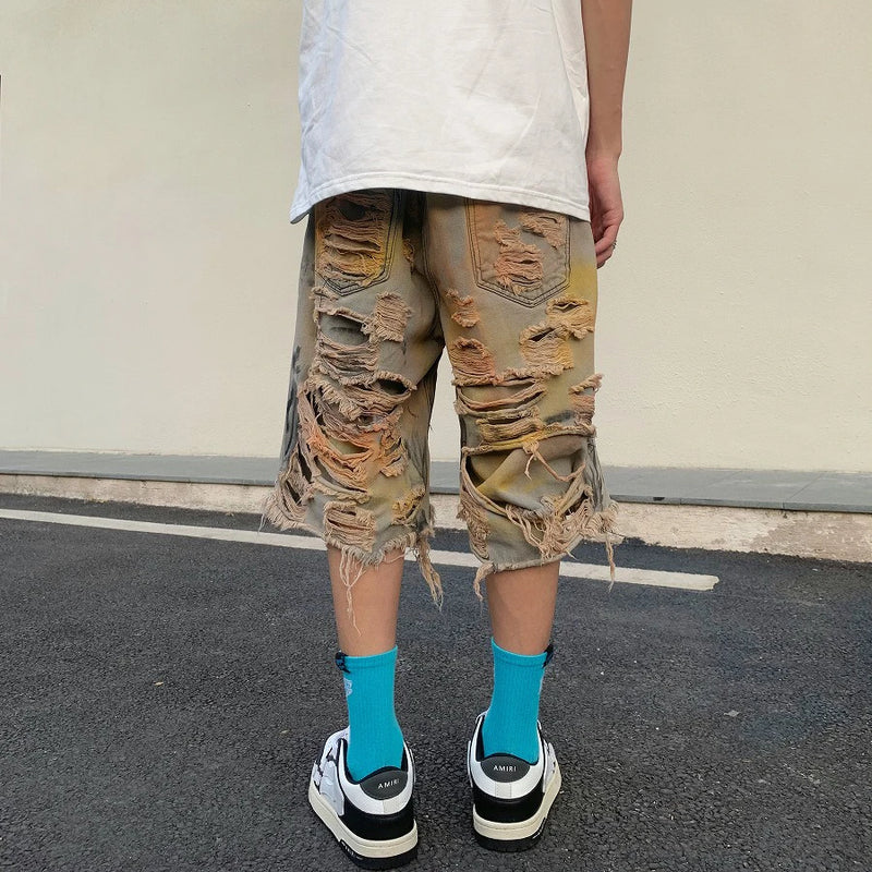 destroy ripped big holes spliced denim jeans shorts hip hop loose short pant harajuku half baggy jeans mens summer casual shorts unique jeans style 2676