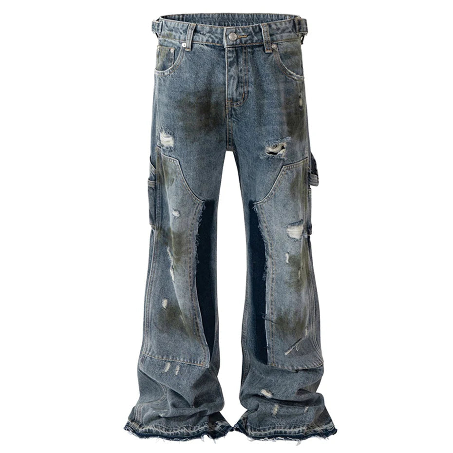 men blue ripped baggy jeans dirty printed distressed loose denim pants male luxury designer fashion jeans trousers ripped baggy denim