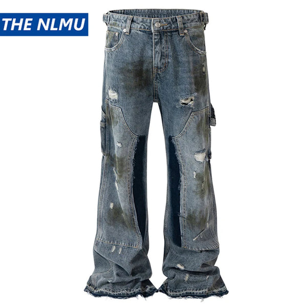 men blue ripped baggy jeans dirty printed distressed loose denim pants male luxury designer fashion jeans trousers ripped baggy denim