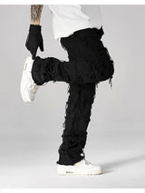 destroyed ripped pieced patchwork denim jean pants casual straight biker trousers mens fashion y2k hip hop streetwear joggers unique joggers style 535