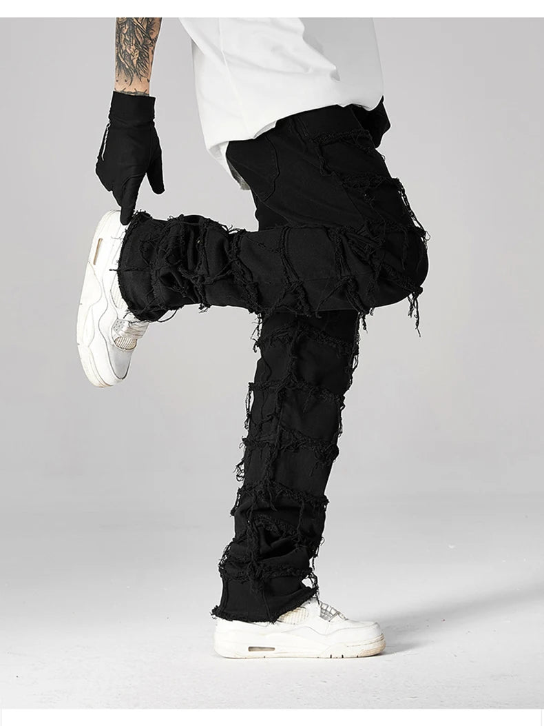destroyed ripped pieced patchwork denim jean pants casual straight biker trousers mens fashion y2k hip hop streetwear joggers unique joggers style 535