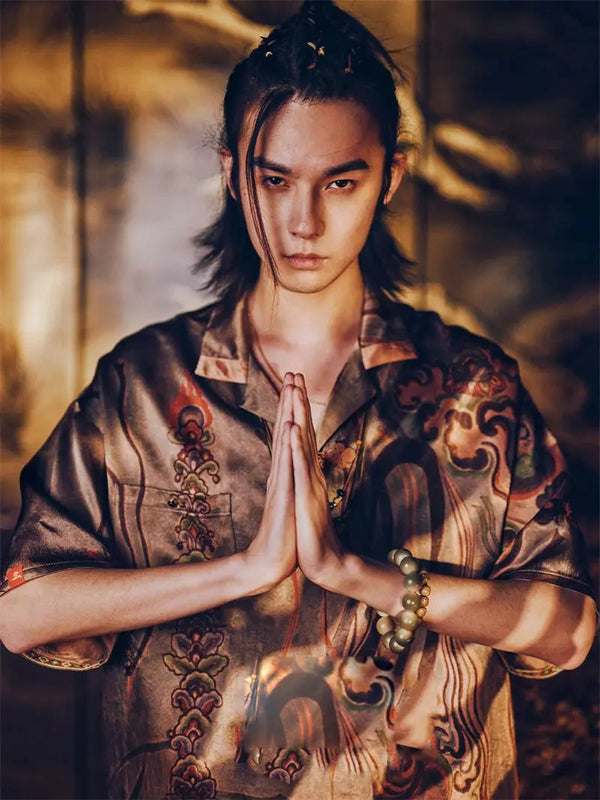 Dunhuang Feitian new Chinese style national trend printed casual short-sleeved shirt 2024 young men and women trendy retro tops