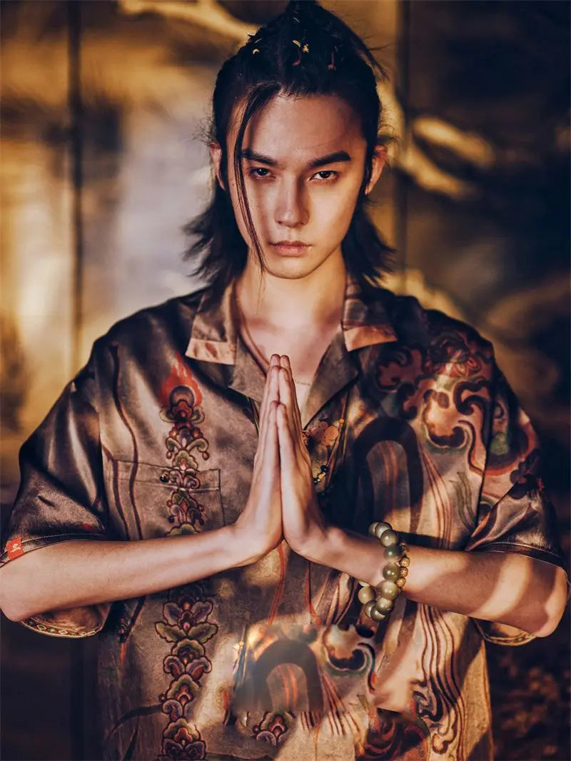 Dunhuang Feitian new Chinese style national trend printed casual short-sleeved shirt 2024 young men and women trendy retro tops