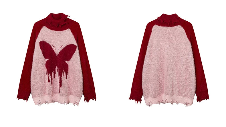 destroy ripped neck knitted sweater unisex butterfly pattern pullover long sleeve autumn winter warm sweaters streetwear jumpers - unisex casual winter pullover, bold artwork streetwear hoodie, gothic aesthetic hoodie for winter