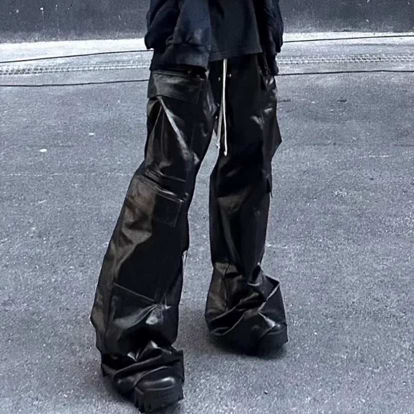 ro style glossy black pu leather pants for men high street y2k pantalones hombre baggy overall wide leg drawstring cargos unique cargo style 5639