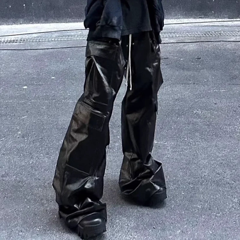 ro style glossy black pu leather pants for men high street y2k pantalones hombre baggy overall wide leg drawstring cargos unique cargo style 5639