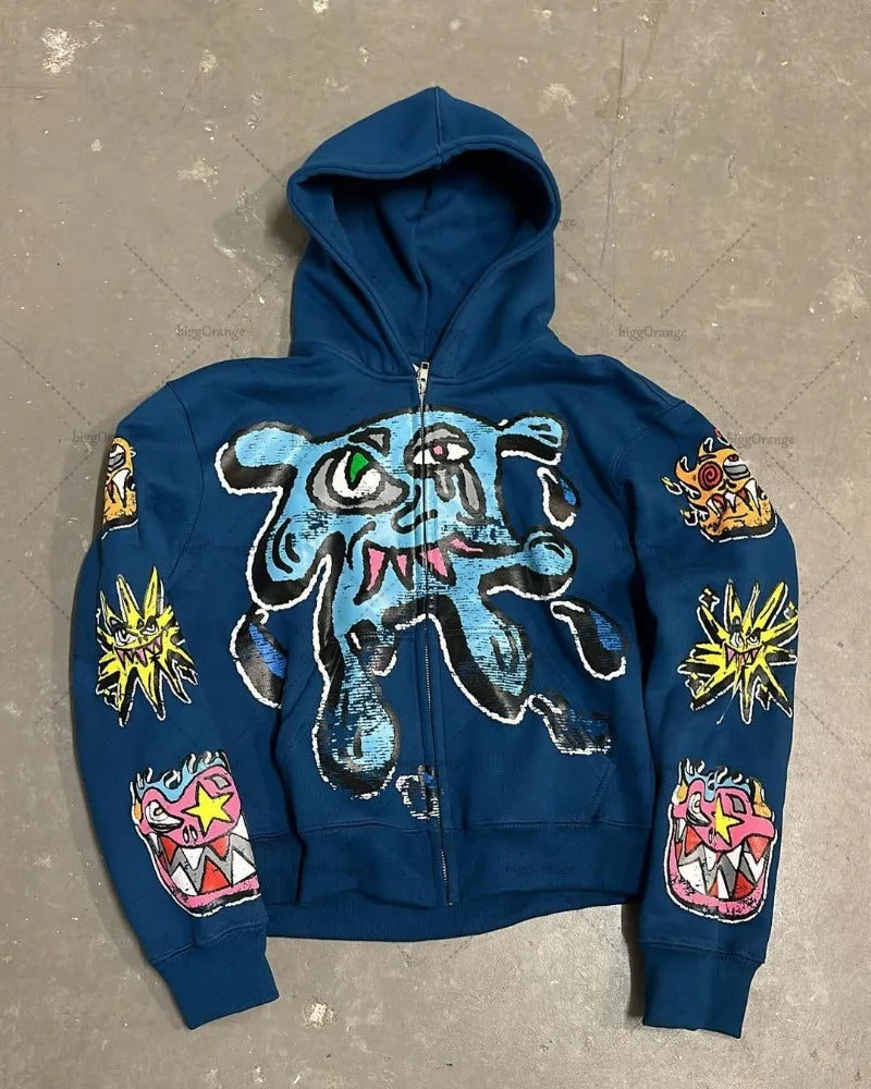 Street Fashion Brand Retro Zipper Hoodie Men Anime Graffiti Print Over