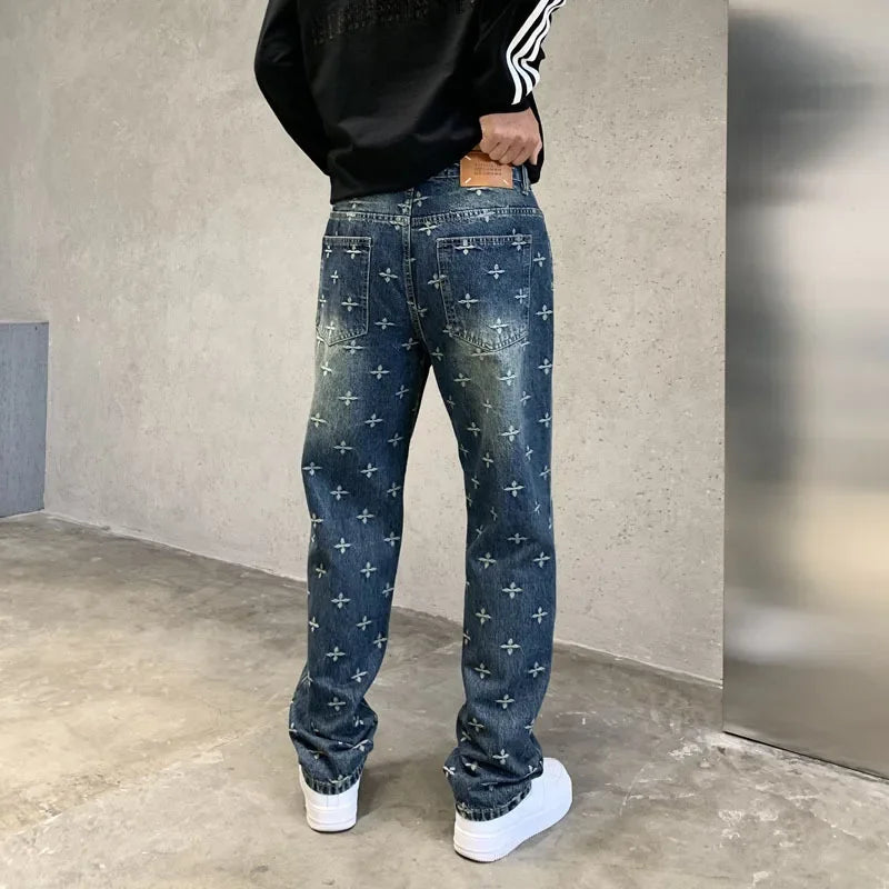 autumn winter new trendy brand jacquard jeans men high street hiphop casual fashion loose denim jeans pants boyfriend trousers ripped baggy denim