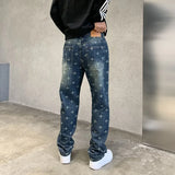 autumn winter new trendy brand jacquard jeans men high street hiphop casual fashion loose denim jeans pants boyfriend trousers ripped baggy denim