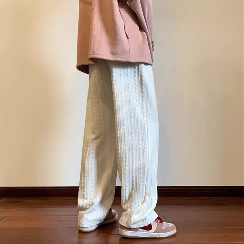 autumn waffle foam striped design pants for men new high street wide leg straight trousers casual y2k vintage pantalones hombre urban fashion pants