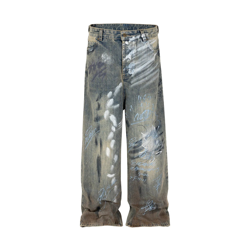 graffiti handdrawn damaged wash baggy jeans for men and women straight streetwear y2k denim trousers pantalones hombre cargos multi-pocket cargos