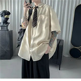 Korean style brown tie shirt men short-sleeved summer Hong Kong style y2k retro drape high-end men shirt casual versatile top