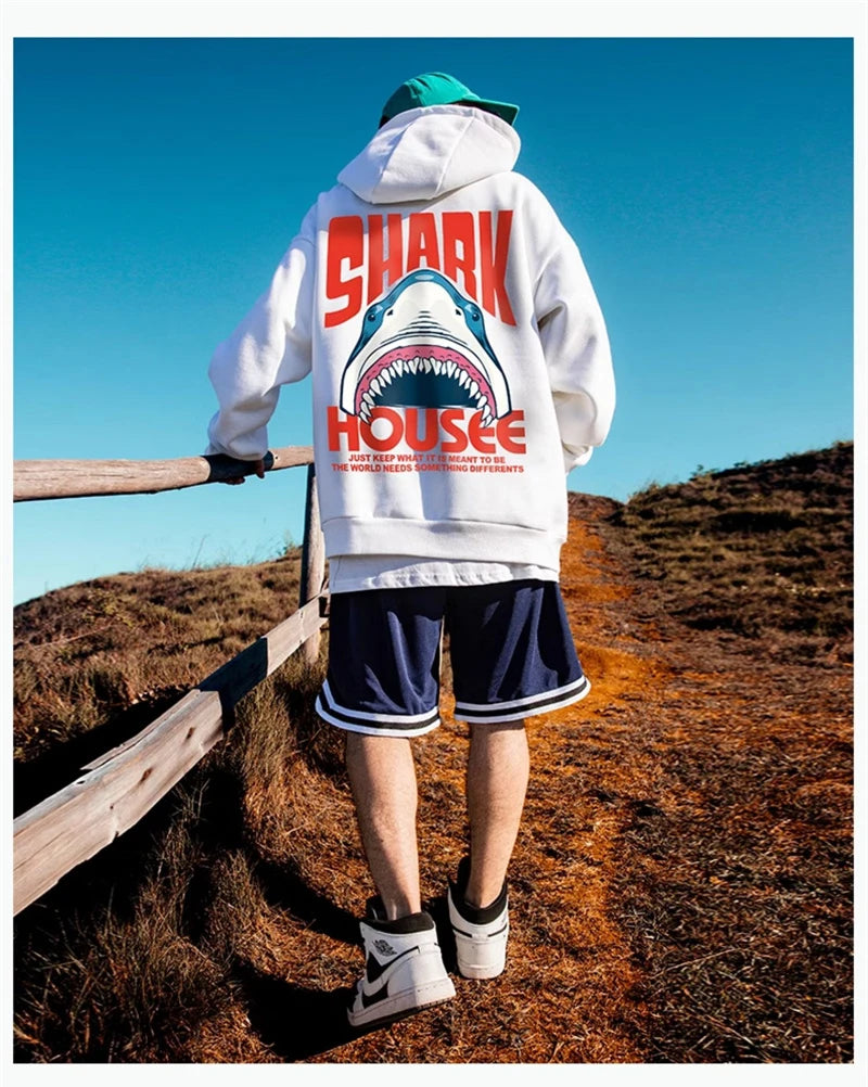 New In Anime Shark Graphic Printed Hooded Sweatshirts Men Hip Hop Fash