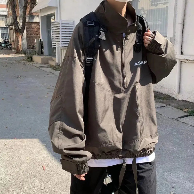 Mens Coat Spring And Autumn Stand Up Collar Half Zipper Oversize High